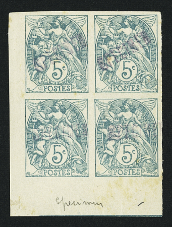 N°111C1-1 (n°74 Dallay), 5c vert d'eau Blanc en bloc de 4, neufs *, surcharge violette, rare, B/TB