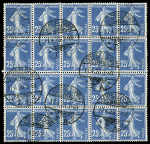 COLLECTION JEAN-FRANCOIS GIBOT : LETTRES AFFRANCHIES AVEC LE 25c SEMEUSE BLEU (2ème PARTIE) N° 140, bloc de 20 exemplaires détachés OBL CAD télégraphique allemand "Dusseldorf T.A" (1923) lors de l'occupation franç