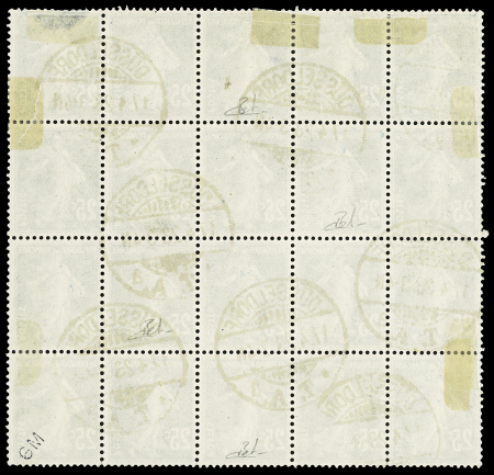 COLLECTION JEAN-FRANCOIS GIBOT : LETTRES AFFRANCHIES AVEC LE 25c SEMEUSE BLEU (2ème PARTIE) N° 140, bloc de 20 exemplaires détachés OBL CAD télégraphique allemand "Dusseldorf T.A" (1923) lors de l'occupation franç