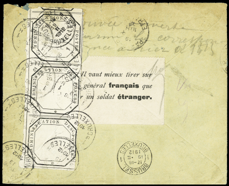 N°140 OBL St Raphaël Var (1912) sur porte-timbre anti-militariste rouge "Guerre à la guerre - pas un homme - pas un centime pour le militarisme" sur lettre pour Bruxelles avec étiquette anti-allemande et vignette pou