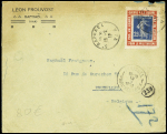 N°140 OBL St Raphaël Var (1912) sur porte-timbre anti-militariste rouge "Guerre à la guerre - pas un homme - pas un centime pour le militarisme" sur lettre pour Bruxelles avec étiquette anti-allemande et vignette pou