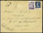 N°140 OBL St Raphaël Var (1912) sur porte-timbre anti-militariste rouge "Guerre à la guerre - pas un homme - pas un centime pour le militarisme" sur lettre pour Bruxelles avec étiquette anti-allemande et vignette pou