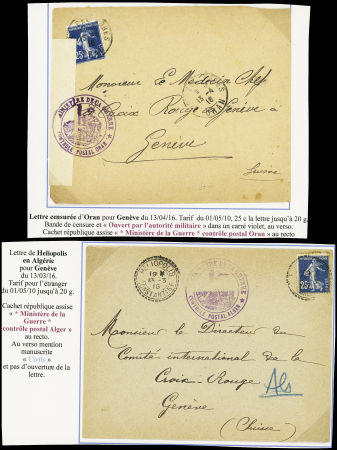 2 lettres d'Algérie : n°140 OBL CAD perlé B3 "Héliopolis Constantine" (1916) sur lettre avec censure violette "Contrôle postal Alger" et n°140 OBL Sidi Bel Abbes (1916) sur lettre avec censure violette "Contrôle p