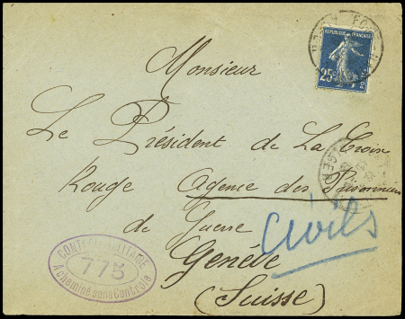 N°140 OBL "Fort national Alger" (1918) sur lettre pour la Croix-Rouge de Genève avec rare censure diplomatique ovale violette "Contrôle militaire - acheminé sans contrôle 775" d'Alger. TB