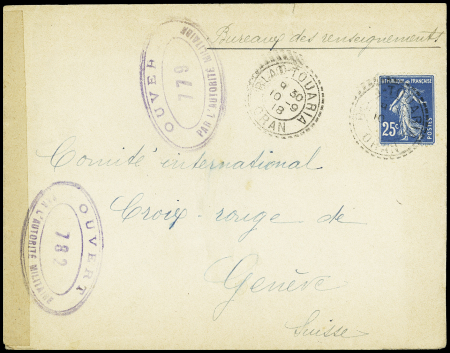 N°140 OBL CAD perlé "Blad Touaria Oran" (1918) sur lettre pour Genève avec censures violettes "ouvert par l'autorité militaire" 779 et 782. TB
