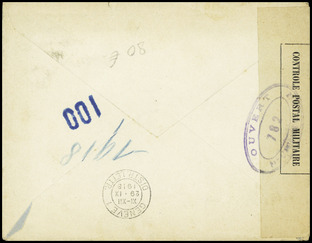 N°140 OBL CAD perlé "Blad Touaria Oran" (1918) sur lettre pour Genève avec censures violettes "ouvert par l'autorité militaire" 779 et 782. TB