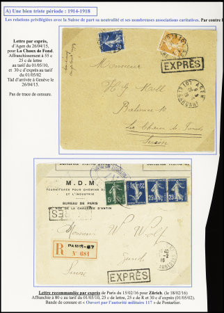 Lettre d'Agen pour la Suisse (1915) AFF n°140 + 141 avec griffe encadrée "Exprès" et n°137 + 140, 3 pièces, OBL Paris 67 sur lettre recommandée censurée pour la Suisse avec griffe encadrée "Exprès". TB