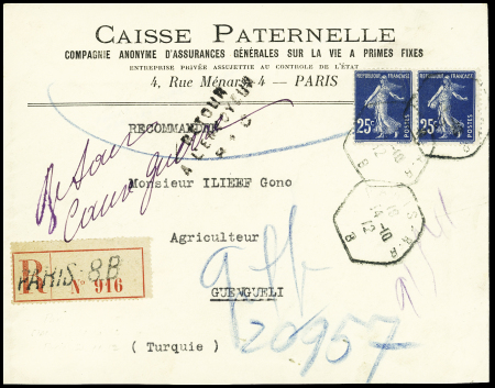 N°140 en paire OBL hex "Paris 8 BB" (1912) sur lettre recommandée pour Guengueli (Turquie) avec mention manuscrite "retour cause guerre" (Guerre des Balkans de 1912). TB