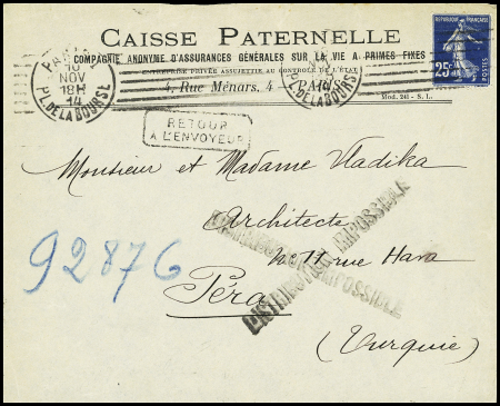 N°140 OBL Paris 1 (nov 1914) sur lettre pour Péra (Turquie) avec griffe noire "distribution impossible"