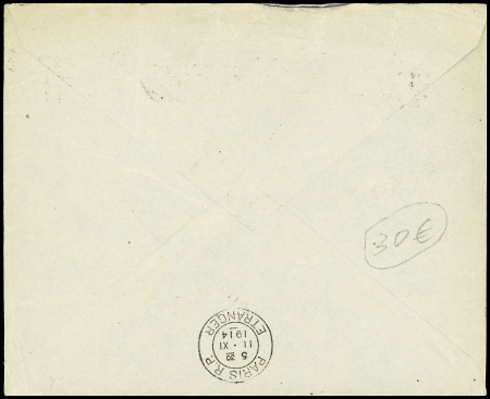 N°140 OBL Paris 1 (nov 1914) sur lettre pour Péra (Turquie) avec griffe noire "distribution impossible"