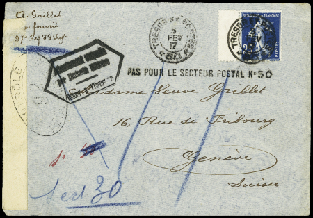 N°140 OBL CAD 2 cercles "Trésor et postes 50" (1917) sur lettre censurée pour Genève avec griffe noire en forme de trapèze "acheminement suspendu par l'autorité militaire - retour à l'envoyeur". TB