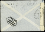 N°140 OBL CAD 2 cercles "Trésor et postes 50" (1917) sur lettre censurée pour Genève avec griffe noire en forme de trapèze "acheminement suspendu par l'autorité militaire - retour à l'envoyeur". TB