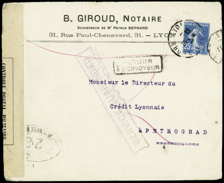 N°140 OBL Lyon (11.1.1917) sur lettre pour Petrograd