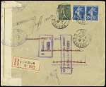 N°130 + 140 en paire OBL "Paris R. d'Enghien" (janv 1919) sur lettre recommandée pour Barcelone avec cachet rect violet "acheminement suspendu par l'autorité militaire". TB