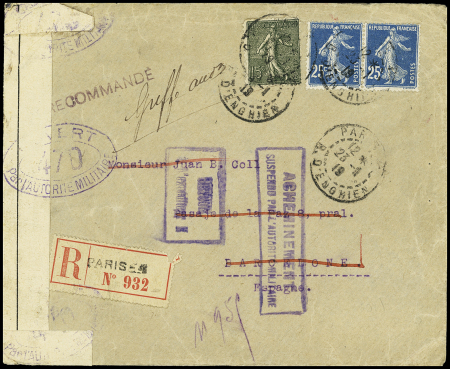 N°130 + 140 en paire OBL "Paris R. d'Enghien" (janv 1919) sur lettre recommandée pour Barcelone avec cachet rect violet "acheminement suspendu par l'autorité militaire". TB