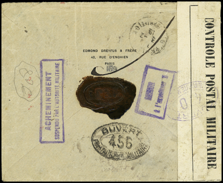 N°130 + 140 en paire OBL "Paris R. d'Enghien" (janv 1919) sur lettre recommandée pour Barcelone avec cachet rect violet "acheminement suspendu par l'autorité militaire". TB