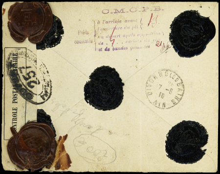N°138 + 140, 2 pièces OBL Divonne les Bains Ain (1918) sur lettre en valeur déclarée (VD 70F) au rayon frontalier avec marque encadrée "RL" + censure ovale 257 + 2 cachets de cire + griffe violette encadrée "achemi
