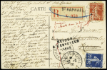 N°147 + 140 OBL St Raphaël (25.2.1916) sur carte postale illustrée recommandée avec mention manuscrite rouge "Emigré parti sans adresse". TB