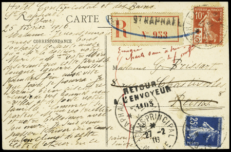 N°147 + 140 OBL St Raphaël (25.2.1916) sur carte postale illustrée recommandée avec mention manuscrite rouge "Emigré parti sans adresse". TB