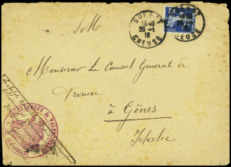 N°140 OBL CAD "Gueret Creuse" (26.1.16) sur lettre pour Gênes (Italie) avec cachet rouge avec déesse assise "recrutement de Valenciennes - le commandant" (unité repliée). TB