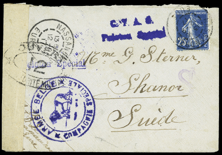 N°140 OBL Nassandres Eure (1917) sur lettre censurée pour La Suède avec cachet bleu illustré d'un lion "armée belge compagnie spéciale". TB
