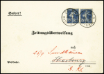 N°140, 2 pièces, OBL CAD "Colmar Haut-Rhin" (1920) sur formulaire en allemand de changement d'adresse pour les journaux adressé à Strasbourg. Tarif rare. TB