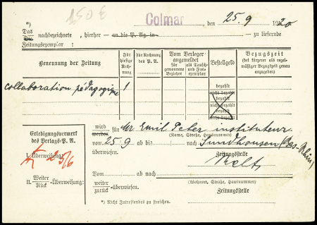 N°140, 2 pièces, OBL CAD "Colmar Haut-Rhin" (1920) sur formulaire en allemand de changement d'adresse pour les journaux adressé à Strasbourg. Tarif rare. TB