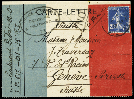 N°140 OBL CAD "Tresor et postes 502" (1917 - Salonique) sur belle carte-lettre FM pour Genève avec cachet ovale noir "Armée d'Orient censure militaire 43". TB