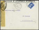 N°140 OBL CAD "postes navales MED. C/1" (1917 - Salamine) sur lettre censurée à en-tête de la Banque d'Athènes pour Rotterdam (le bureau C/1 acheminait exceptionnellement du courrier civil). Rare et TB