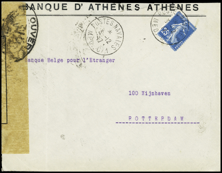 N°140 OBL CAD "postes navales MED. C/1" (1917 - Salamine) sur lettre censurée à en-tête de la Banque d'Athènes pour Rotterdam (le bureau C/1 acheminait exceptionnellement du courrier civil). Rare et TB