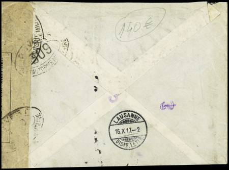 Idem. N°139 + 140 OBL CAD "postes navales MED C/1" (1917 - Salamine) sur lettre recommandée pour Lausanne. Rare et TB