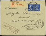 N°140 en paire avec surcharge "Postes serbes" OBL CAD "tresor et postes 504" (1918) sur lettre recommandée pour Genève avec censure serbe. TB