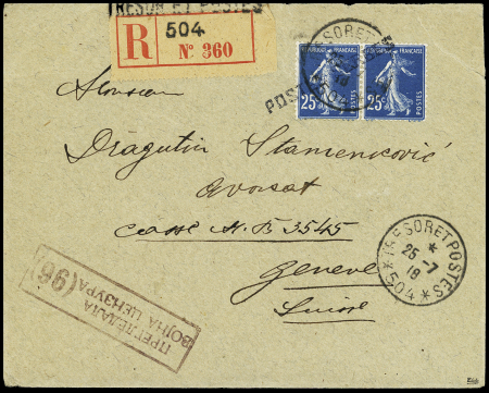 N°140 en paire avec surcharge "Postes serbes" OBL CAD "tresor et postes 504" (1918) sur lettre recommandée pour Genève avec censure serbe. TB