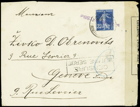 N°140 avec surcharge "Postes serbes" OBL CAD du bureau postal ministériel serbe (1918) sur lettre pour Genève avec griffe encadrée "censure militaire serbe". TB
