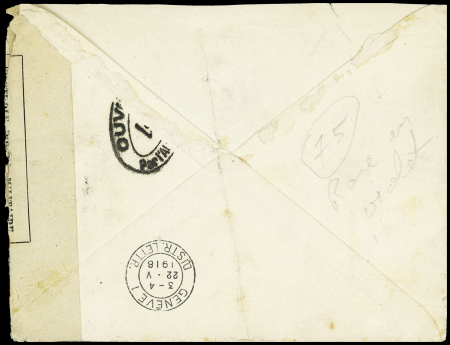 N°140 avec surcharge "Postes serbes" OBL CAD du bureau postal ministériel serbe (1918) sur lettre pour Genève avec griffe encadrée "censure militaire serbe". TB
