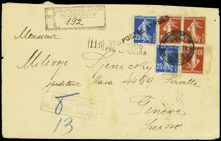 N°138, 3 pièces + n°140, 2 pièces dont une avec surcharge "Postes serbes" OBL CAD du bureau postal ministériel serbe (1918) sur lettre recommandée pour Genève. TB