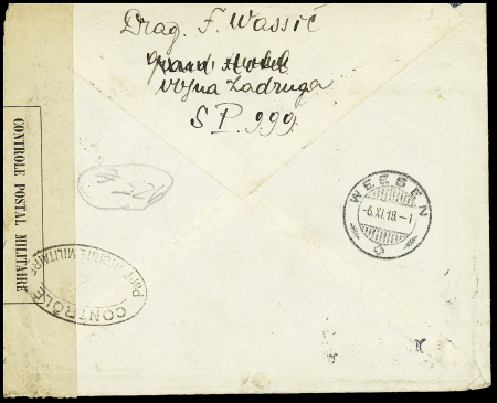 N°130 + 140 en paire OBL CAD "trésor et postes" (1918 - mission française auprès de l'adresse de l'armée serbe à Salonique) sur lettre avec recommandation manuscrite et censures pour la Suisse. TB