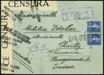 N°140 en paire avec surcharge "Postes serbes" OBL CAD serbe (1917) sur lettre pour la Suisse avec double censure italienne. TB