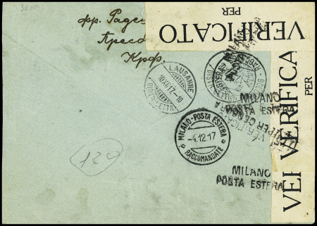 N°140 en paire avec surcharge "Postes serbes" OBL CAD serbe (1917) sur lettre pour la Suisse avec double censure italienne. TB
