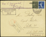 N°130 + 140 avec surcharge "Postes serbes" OBL CAD du bureau ministériel serbe (1918) sur lettre recommandée pour la France. TB