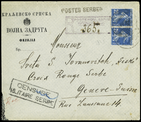 N°140 en paire OBL CAD serbe (1917), à côté griffe "postes serbes" sur lettre recommandée avec en-tête serbe et griffe encadrée "censure militaire serbe" pour Genève. TB