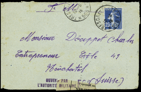 N°140 OBL CAD "trésor et postes 508" (57ème RI, Korytza Albanie) sur lettre pour la Suisse avec rare griffe de censure violette "ouvert par l'autorité militaire 508". TB