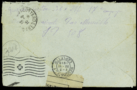 N°140 OBL CAD "trésor et postes 508" (57ème RI, Korytza Albanie) sur lettre pour la Suisse avec rare griffe de censure violette "ouvert par l'autorité militaire 508". TB