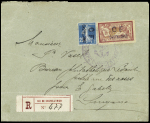 Castellorizo n°40 + 42 (cote 1525€) OBL grand cachet violet avec ancre "Castellorizo corps d'occupation" sur lettre recommandée pour Smyrne. RRR. TB. Certificat Behr