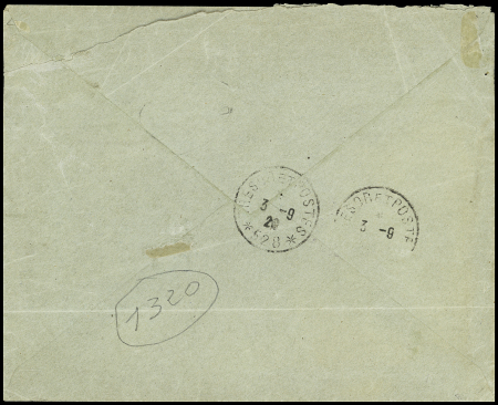 Castellorizo n°40 + 42 (cote 1525€) OBL grand cachet violet avec ancre "Castellorizo corps d'occupation" sur lettre recommandée pour Smyrne. RRR. TB. Certificat Behr