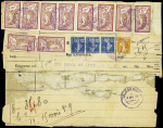 N°121, 10 pièces + 140, bande de 3 + n°158 + n°121, bloc de 20 au verso OBL cachet violet "service télégraphique interallié - central de Coblence HCITR" sur télégramme allemand avec mention "1frc perçu en trop"