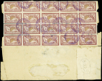 N°121, 10 pièces + 140, bande de 3 + n°158 + n°121, bloc de 20 au verso OBL cachet violet "service télégraphique interallié - central de Coblence HCITR" sur télégramme allemand avec mention "1frc perçu en trop"