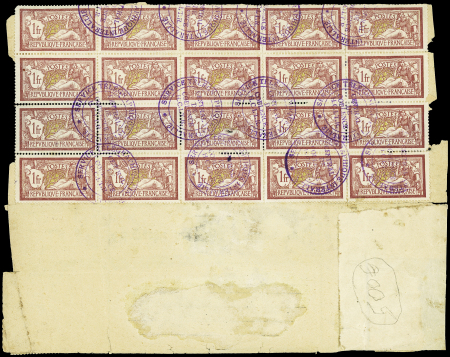 N°121, 10 pièces + 140, bande de 3 + n°158 + n°121, bloc de 20 au verso OBL cachet violet "service télégraphique interallié - central de Coblence HCITR" sur télégramme allemand avec mention "1frc perçu en trop"