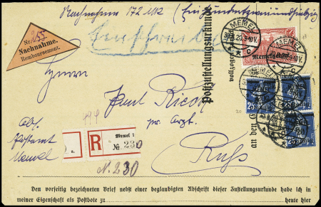 Memel n°13 + n°20, 3 pièces, OBL CAD "Memel C" (1920) sur lettre recommandée du 2ème échelon de poids contre remboursement. Rare AFF mixte français - allemand. TB