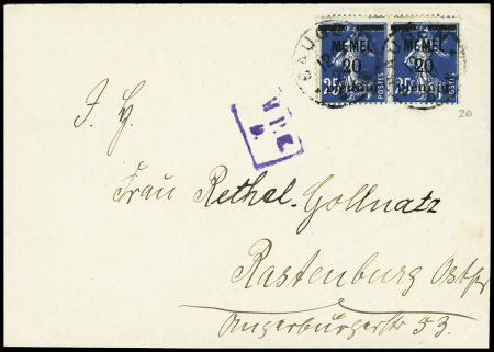 Memel n°20 en paire OBL CAD "Saugen" (1920) sur lettre pour Rastenburg. TB